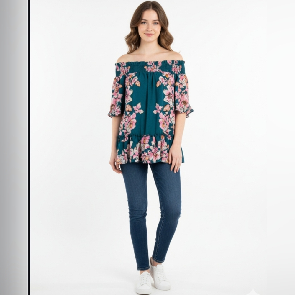 Signature Studio Boho Tropical Teal Floral Off-Shoulder Top NWT Medium